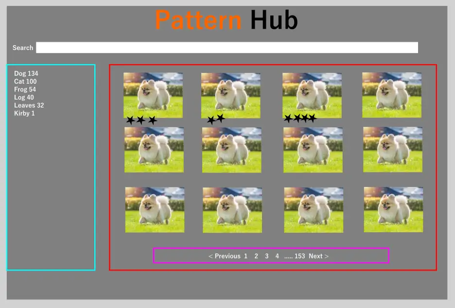 An early wireframe of Pattern Archive (then called Pattern Hub) showing a placeholder search grid