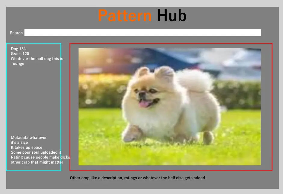 An early wireframe of a single pattern view, with placeholder text standing in for real content